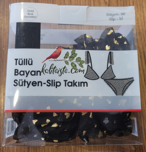 Kadın Tüllü Sütyen Slip Takım Siyah - 1