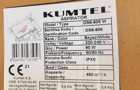 Kumtel DS6-905 Beyaz Sürgülü Aspiratör - 1